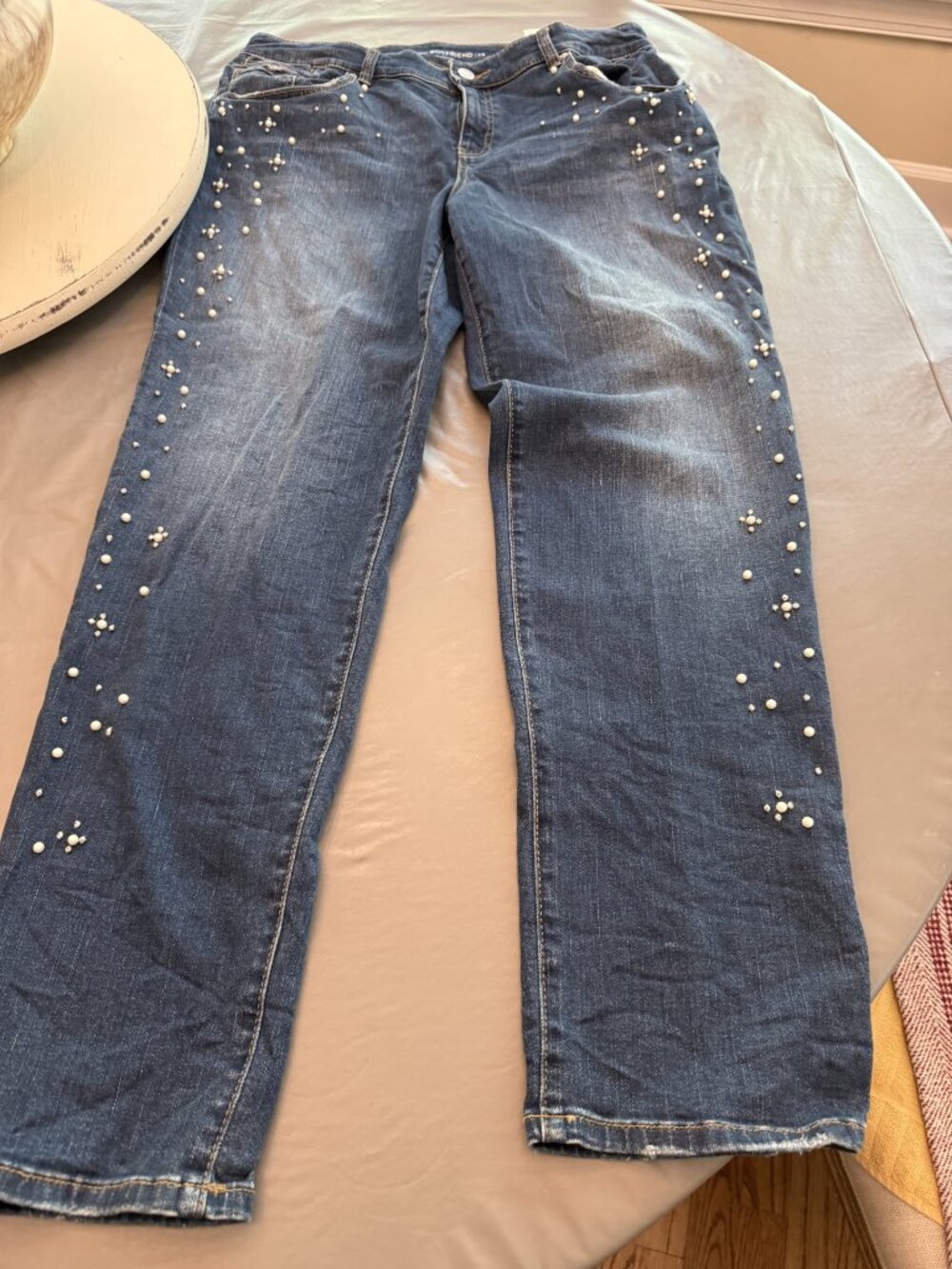 Chico's The Platinum Boyfriend pearl studded jeans